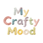 Text 'My Crafty Mood' made of knitted yarn in pastel colors on a white background