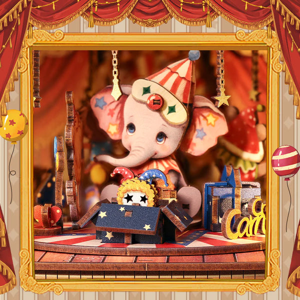 The little elephant plays on stage, opening the show with joyful tunes.