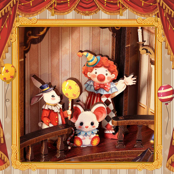 The clown and bunnies wave hello, bringing cheerful moments to life.