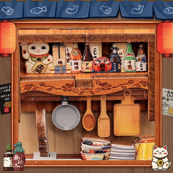 Shelves of sake and lucky charms