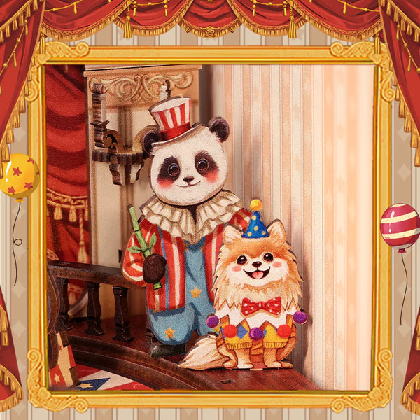 Mr. Panda and the tiny lion appear, adding warmth to the carnival stage.