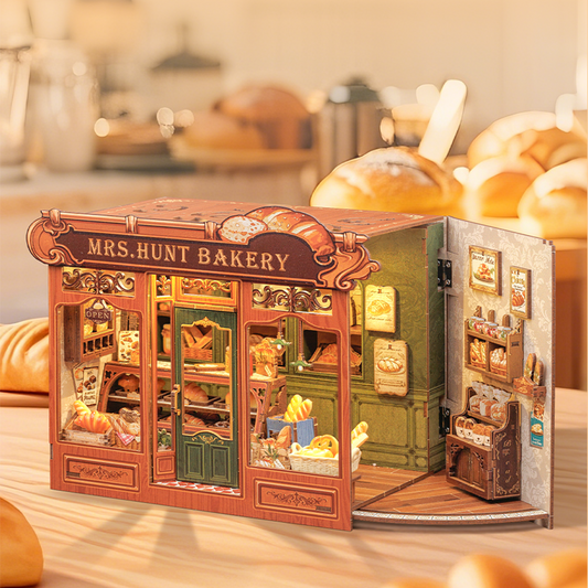 DIY wooden Book Nook kit - 'Mrs. Hunt Bakery' miniature bakery model for bookshelf decoration