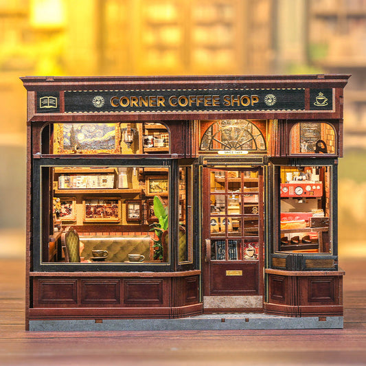 DIY wooden Book Nook kit - 'Conner Coffee Shop' miniature street corner cafe model for bookshelf decoration