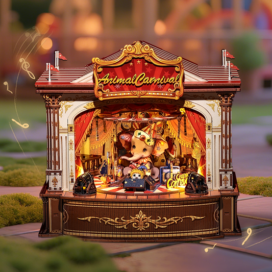DIY wooden Book Nook kit and music box - 'Animal Carnival' miniature model for bookshelf decoration