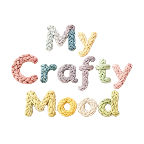Text 'My Crafty Mood' made of knitted yarn in pastel colors on a white background