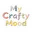 Text 'My Crafty Mood' made of knitted yarn in pastel colors on a white background